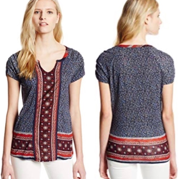 Lucky Brand Tops - Lucky Brand | Boho Scarf Print Ruched Sleeve Tee